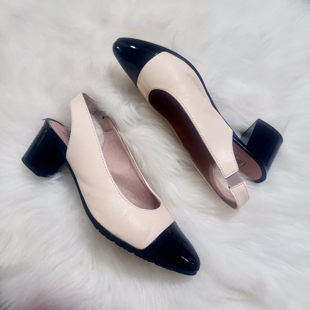 NWOT Pitillos women cap toe slingback white black block heels sz 38 (7) classic